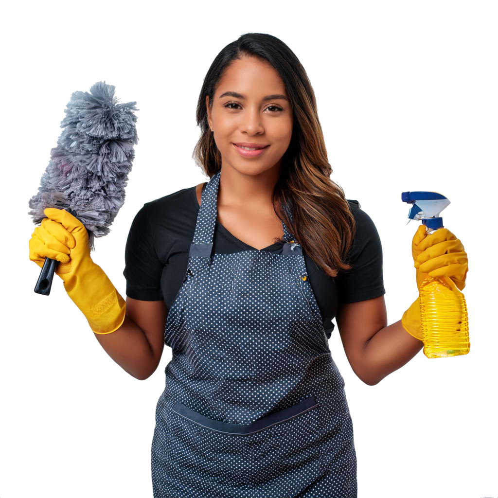 Firefly Real community service women, house work, white background, hands, face should be clear