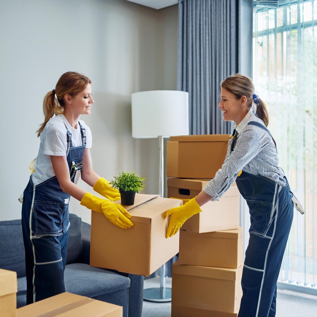 cleaning service company staff, Move in and move Out, Cleaning the room, one is carring box,