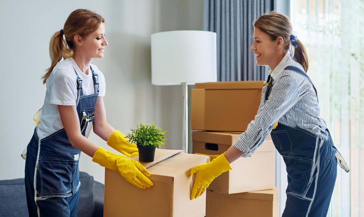 cleaning service company staff, Move in and move Out, Cleaning the room, one is carring box,