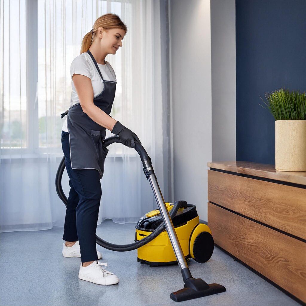 cleaning service company staff, Regular Standard Cleaning, working with a vacuum cleaner