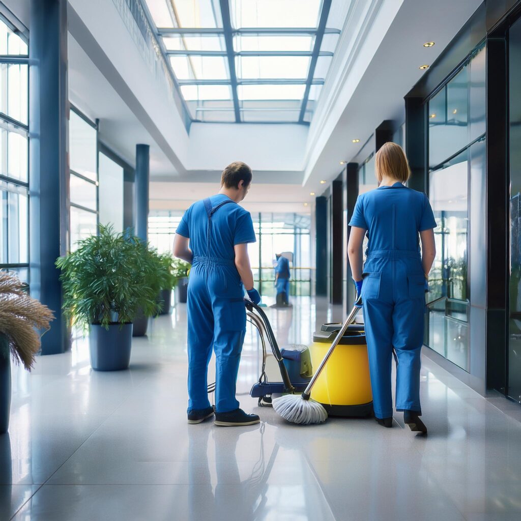 Firefly cleaning service people are cleaning Office common area like big hall with stairs, people ar